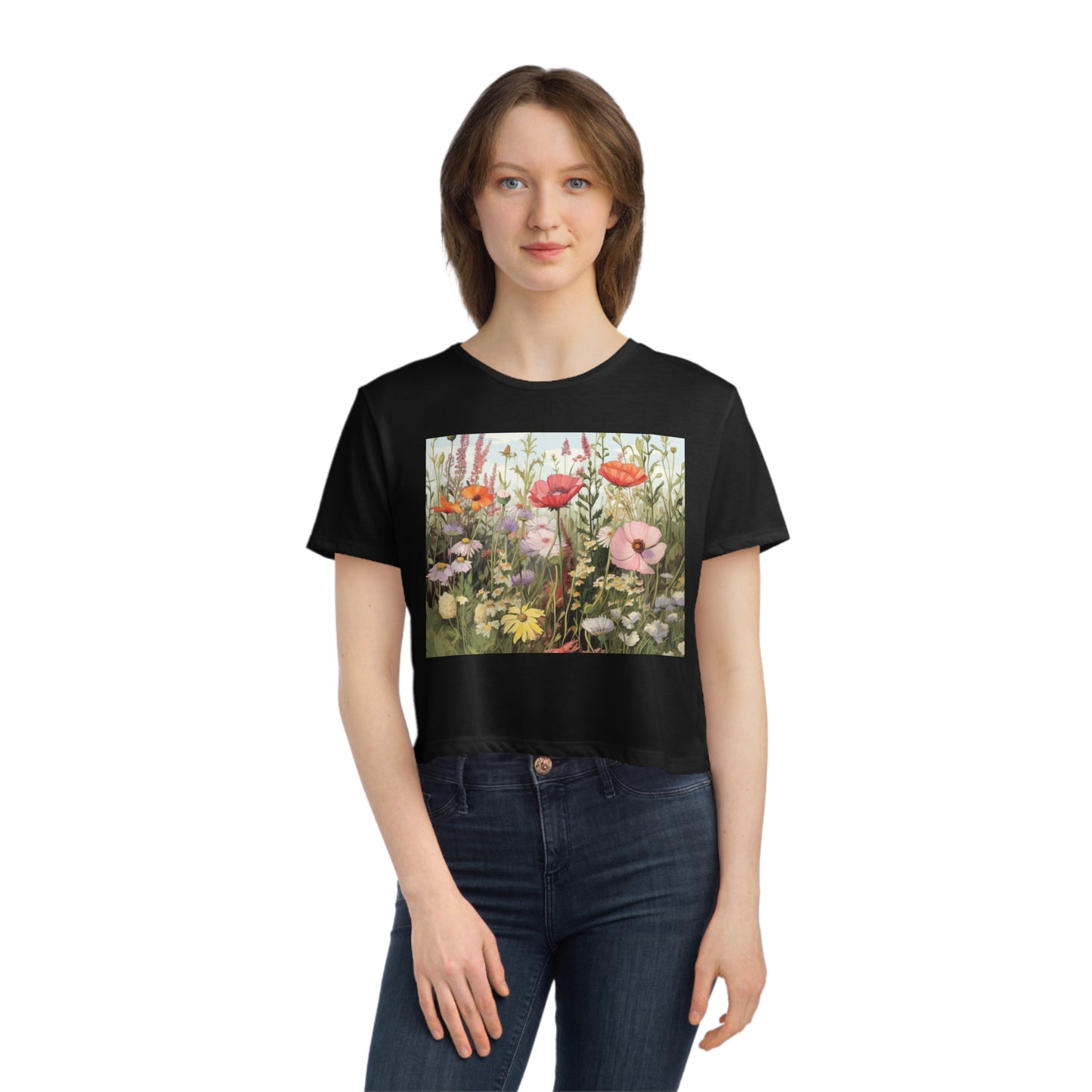 Flower Neutral Color Women's Flowy Cropped Tee
