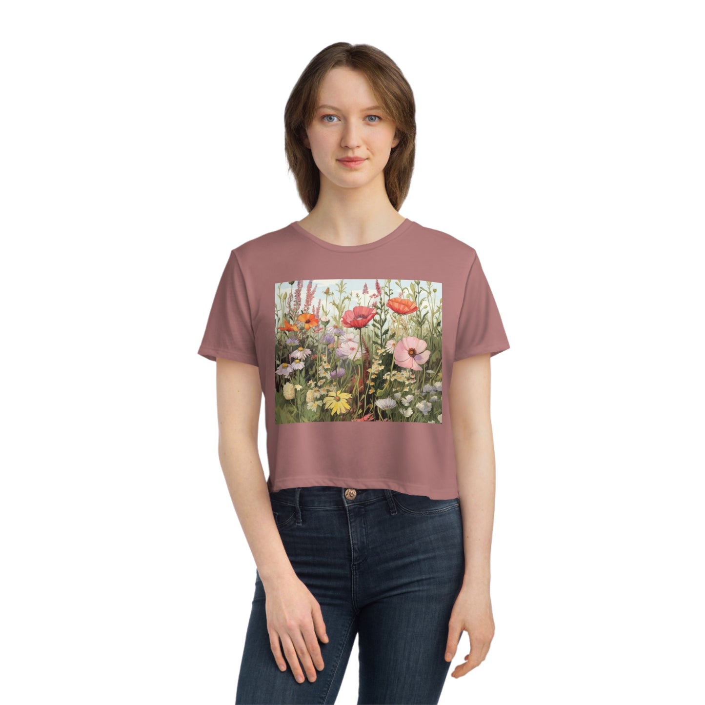 Flower Neutral Color Women's Flowy Cropped Tee