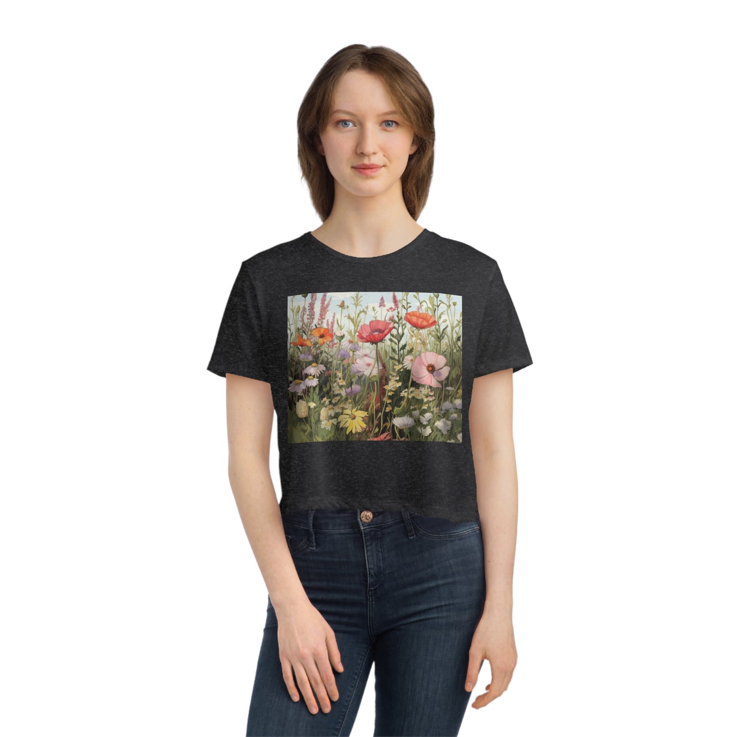 Flower Neutral Color Women's Flowy Cropped Tee