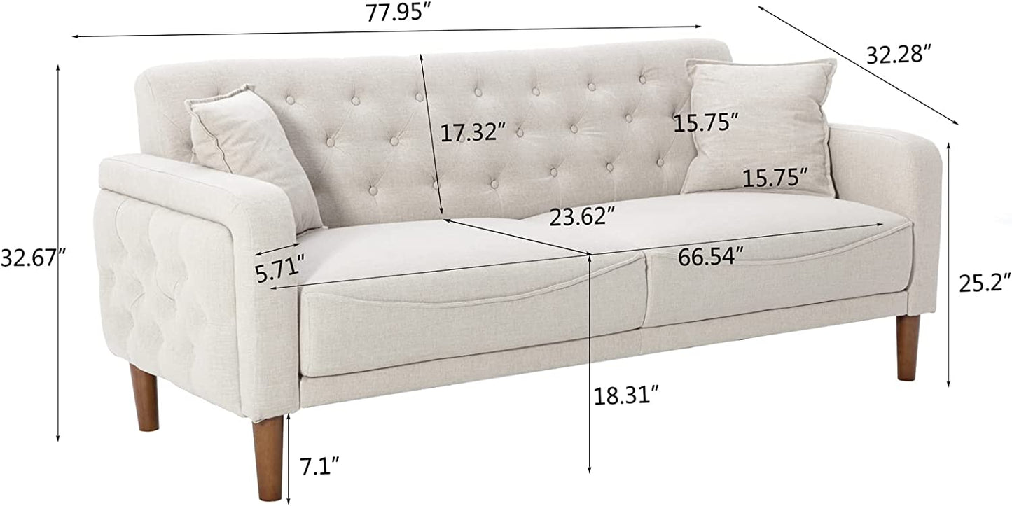 Mid Century Modern Couch Tufted Back Sofa with 2 Throw Pillows, Armrest and Wooden Legs