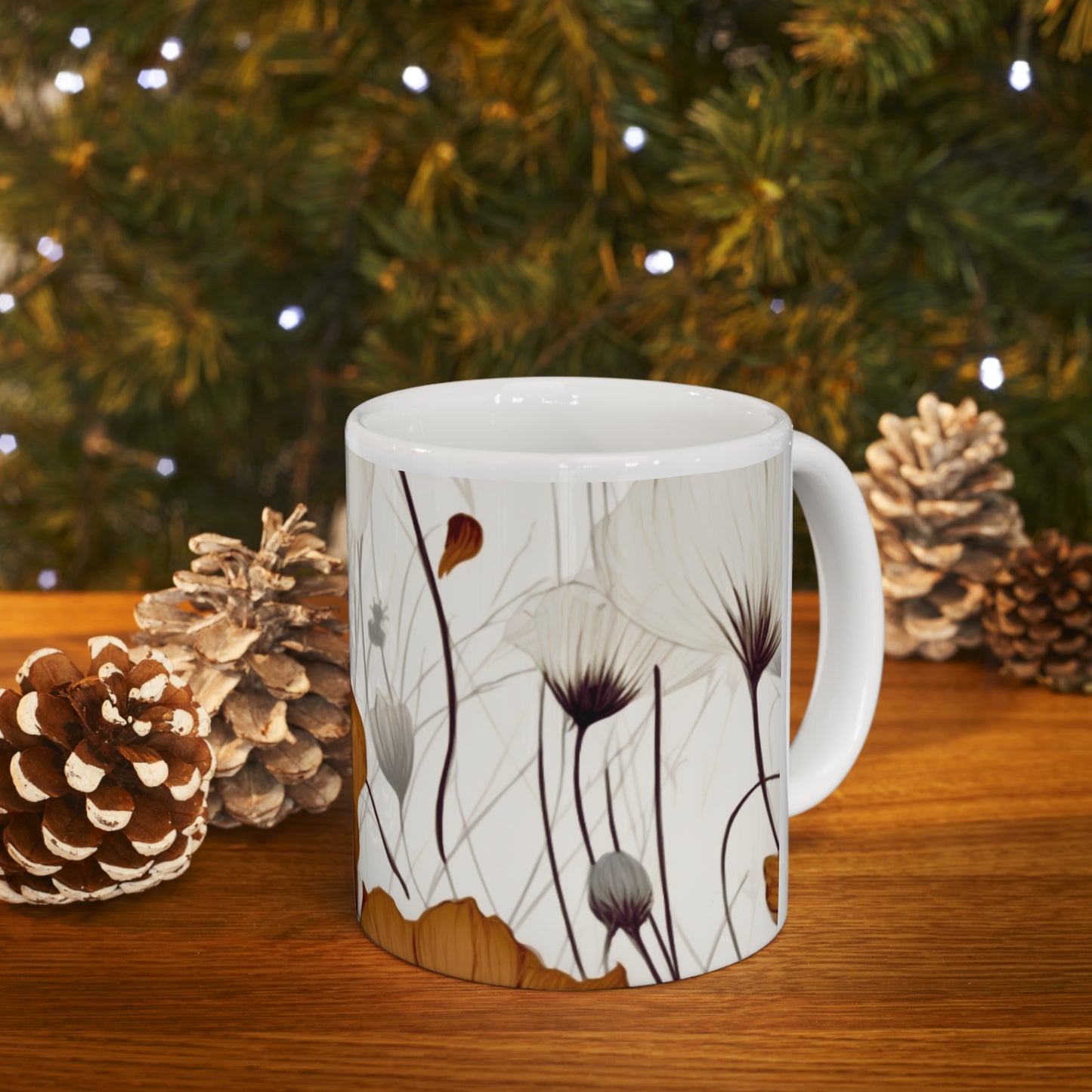 Neutral Style Brown and White Flowers Ceramic Mug 11oz