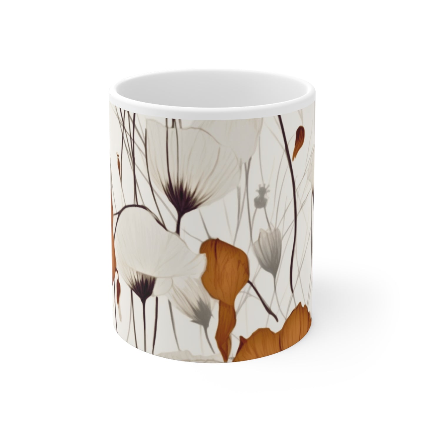 Neutral Style Brown and White Flowers Ceramic Mug 11oz