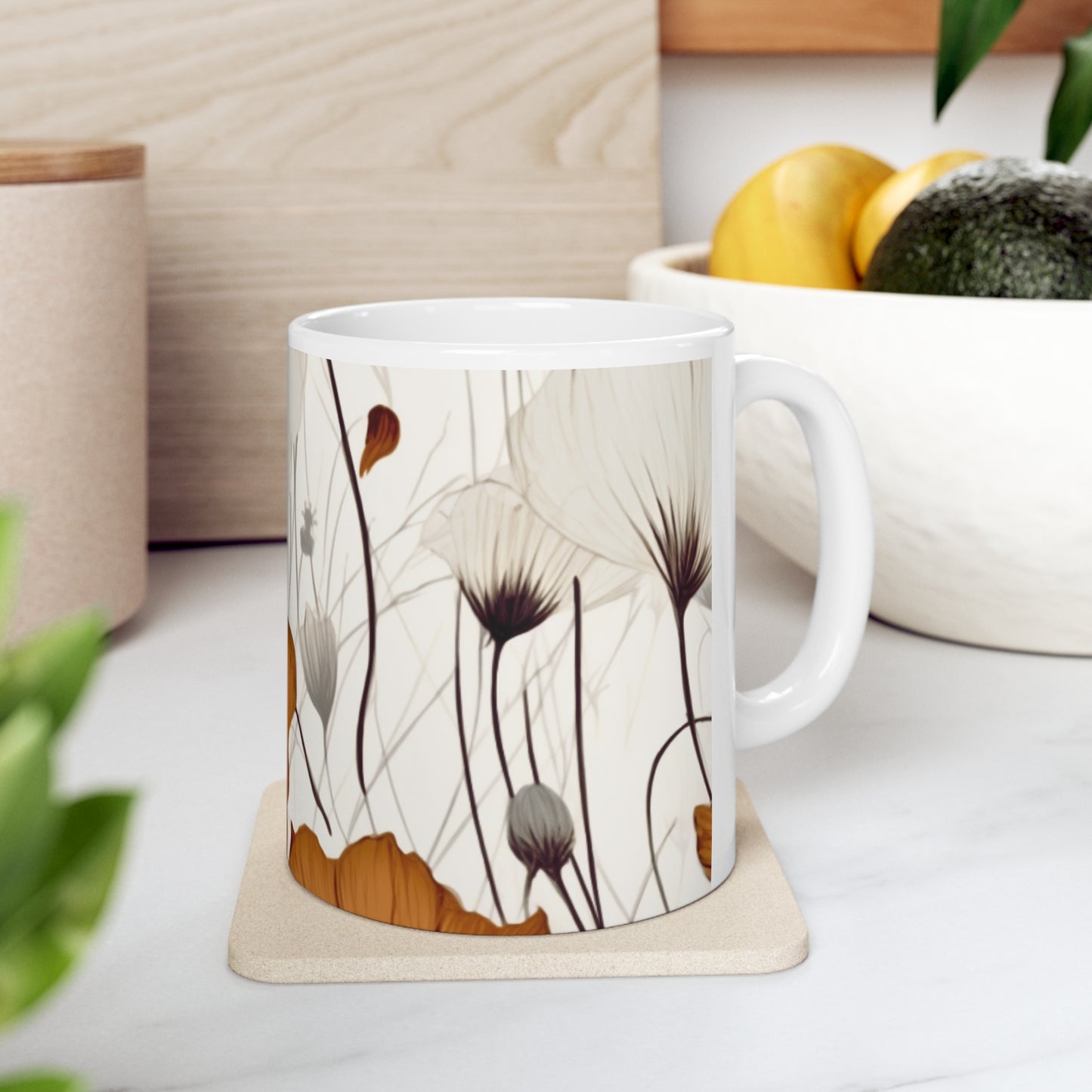Neutral Style Brown and White Flowers Ceramic Mug 11oz