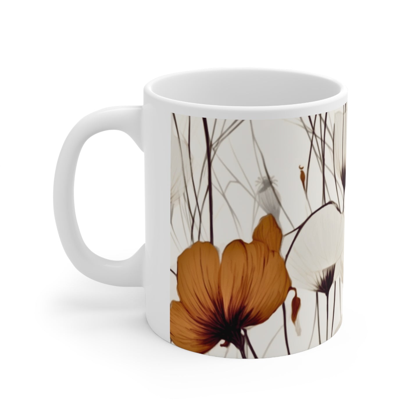 Neutral Style Brown and White Flowers Ceramic Mug 11oz