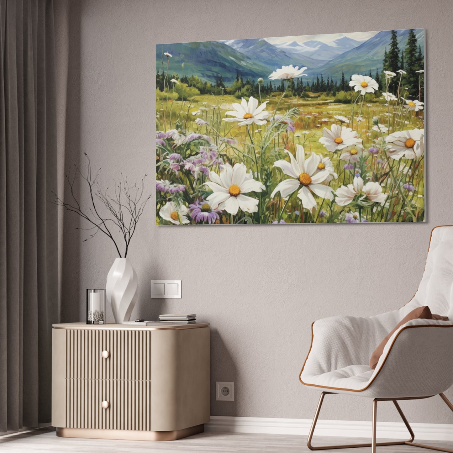 Wall Art Neutral Flowers on a Meadow Canvas