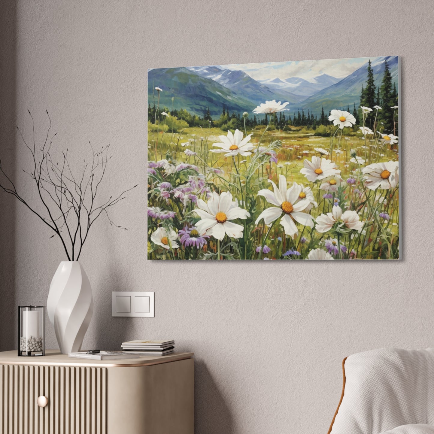 Wall Art Neutral Flowers on a Meadow Canvas