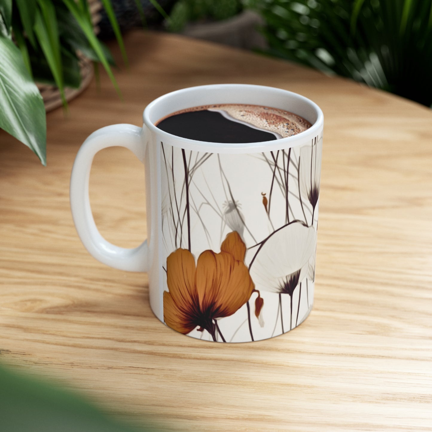 Neutral Style Brown and White Flowers Ceramic Mug 11oz