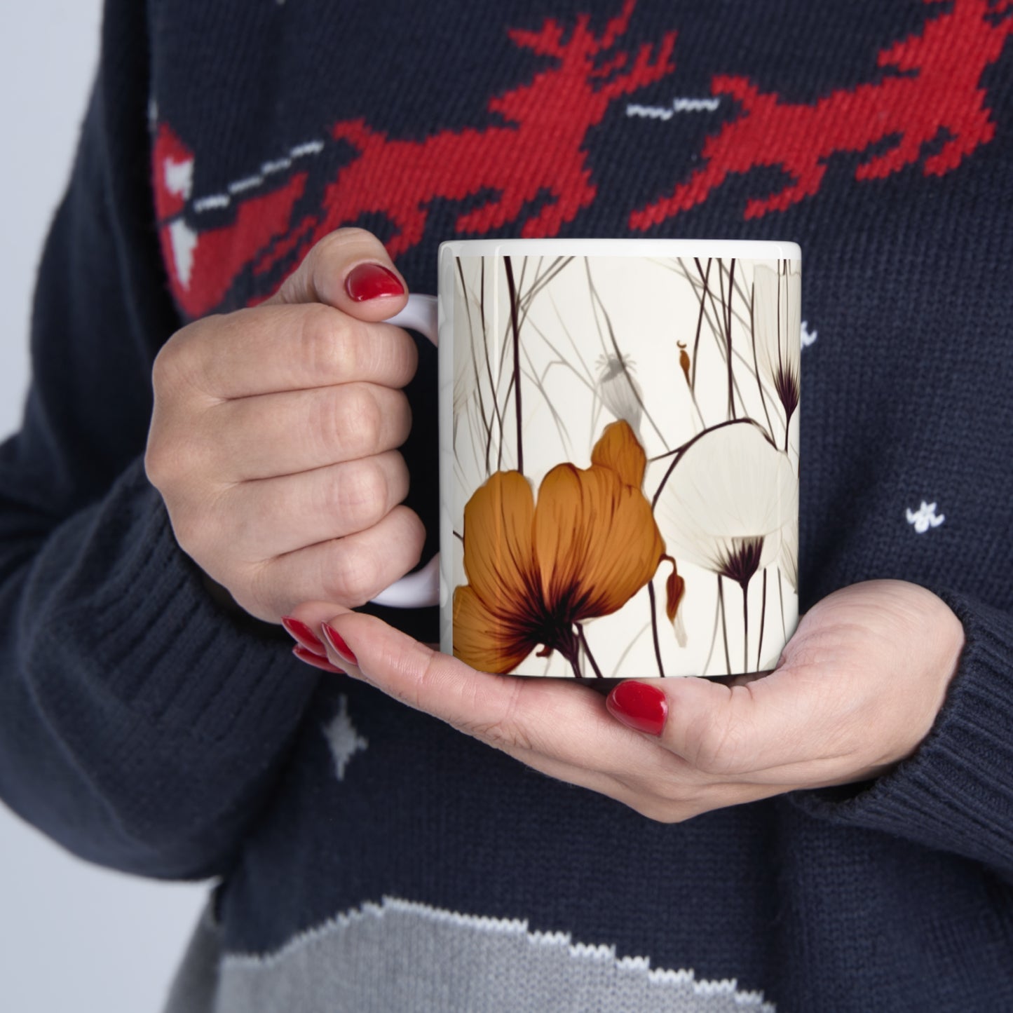 Neutral Style Brown and White Flowers Ceramic Mug 11oz