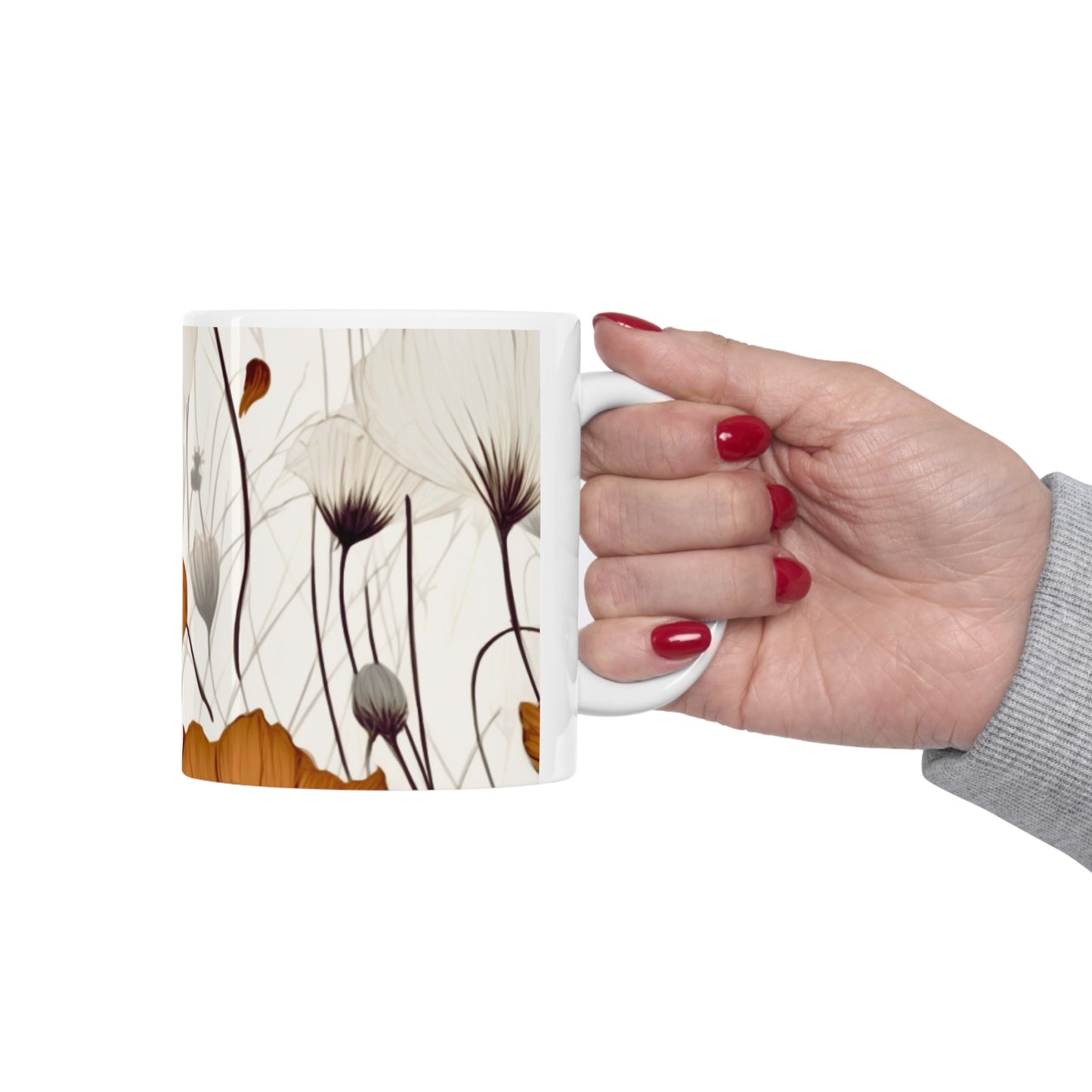 Neutral Style Brown and White Flowers Ceramic Mug 11oz