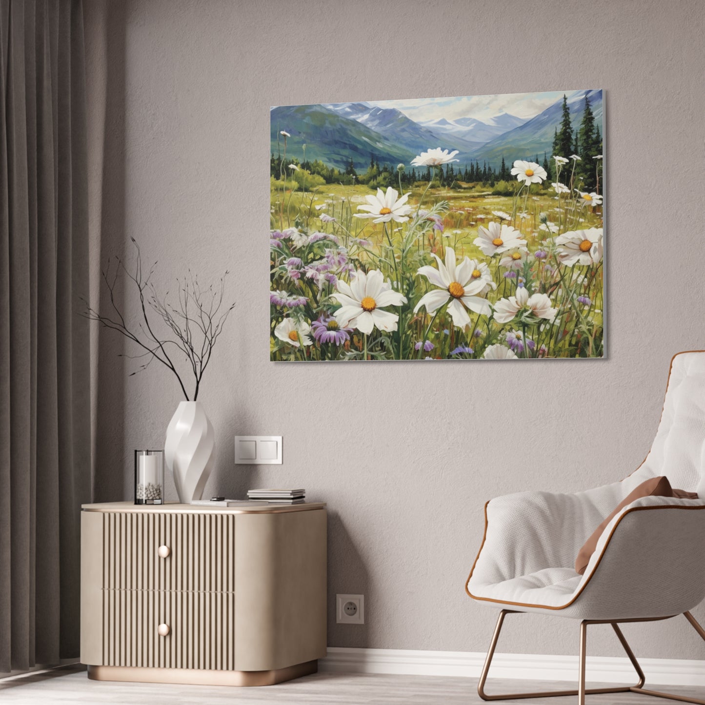 Wall Art Neutral Flowers on a Meadow Canvas
