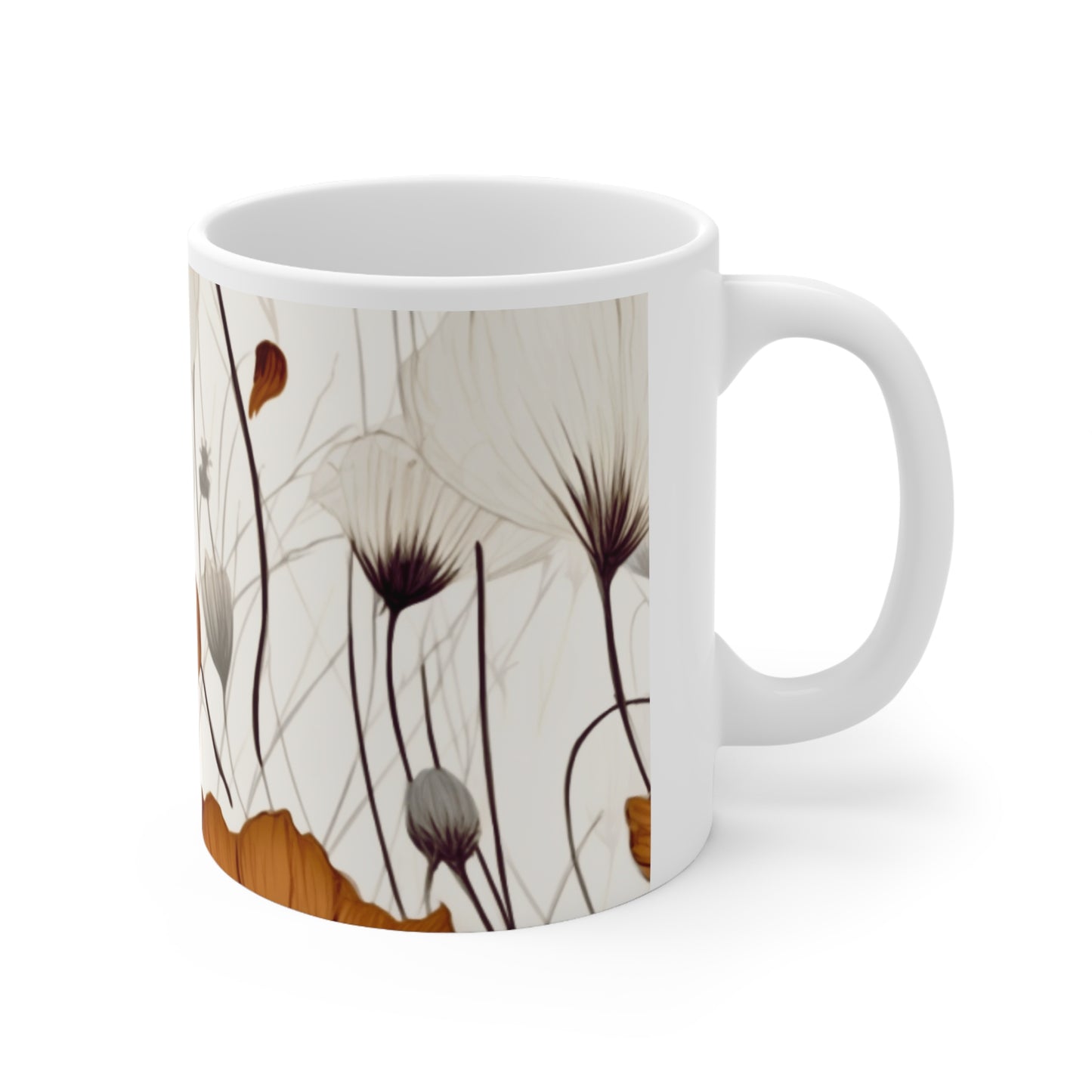 Neutral Style Brown and White Flowers Ceramic Mug 11oz