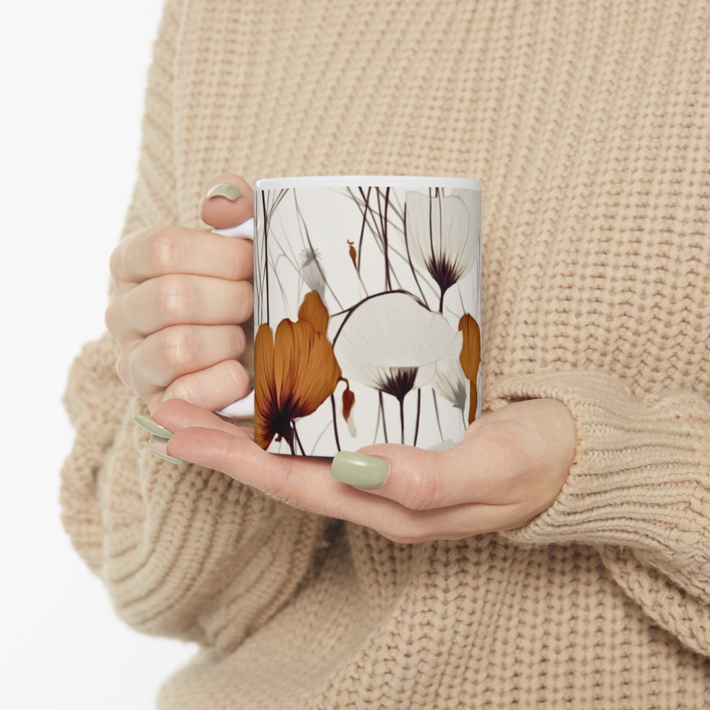 Neutral Style Brown and White Flowers Ceramic Mug 11oz