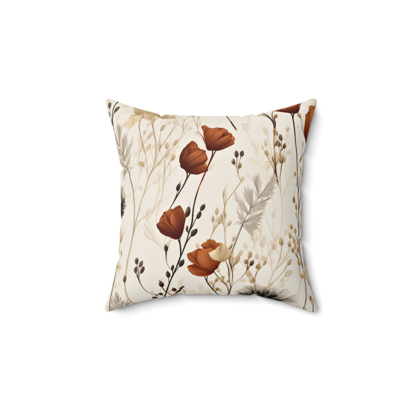Neutral Style Brown Flowers Spun Polyester Square Pillow