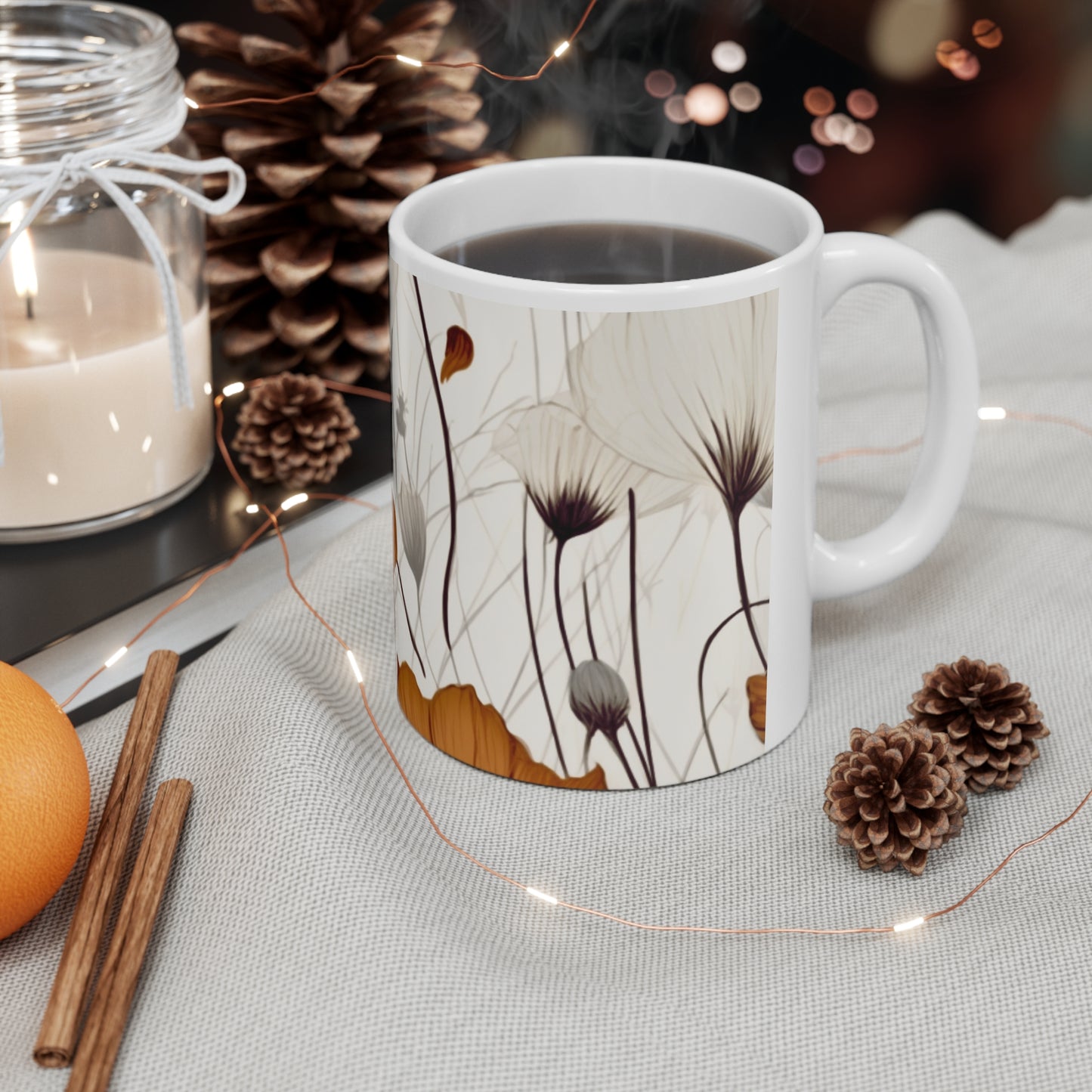 Neutral Style Brown and White Flowers Ceramic Mug 11oz