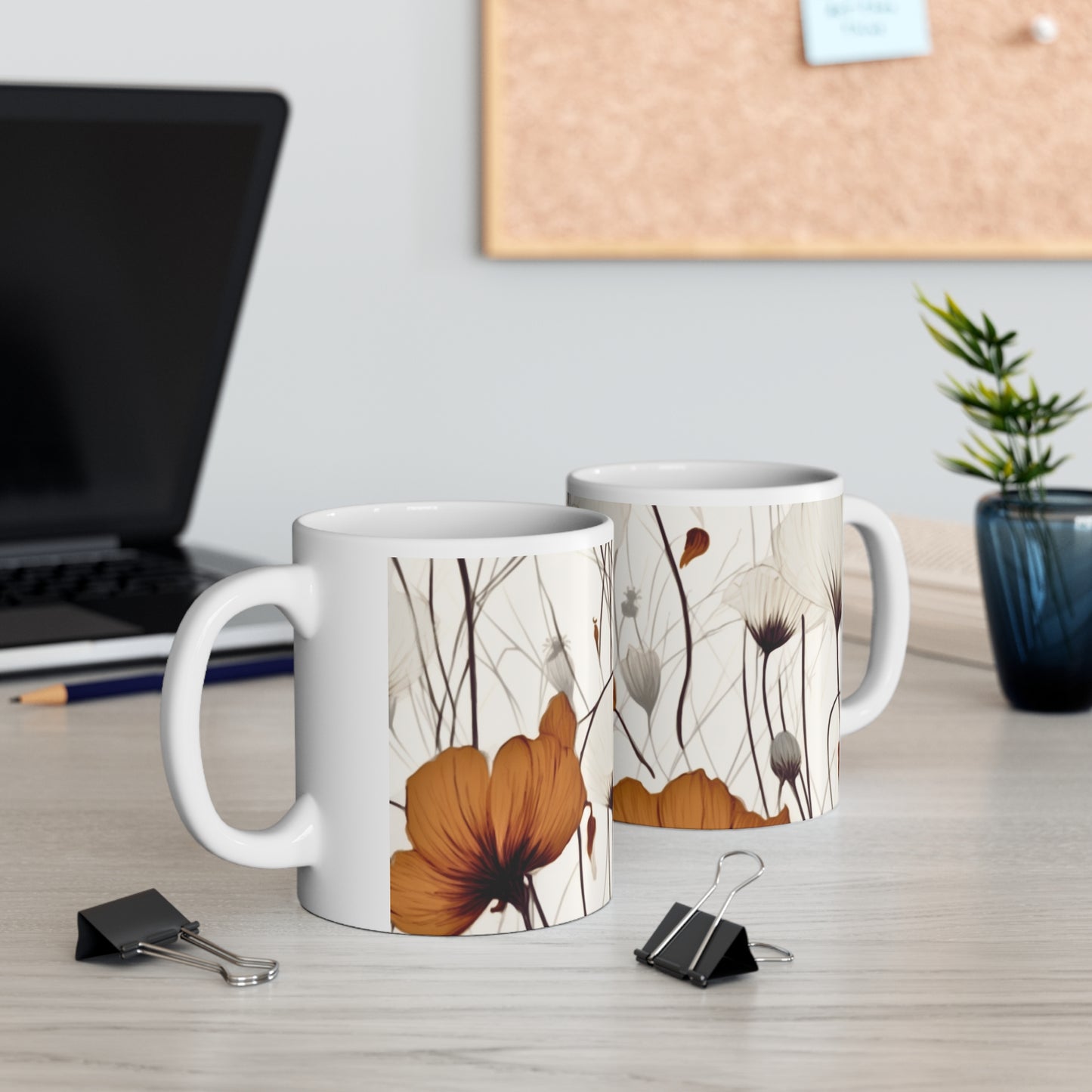 Neutral Style Brown and White Flowers Ceramic Mug 11oz