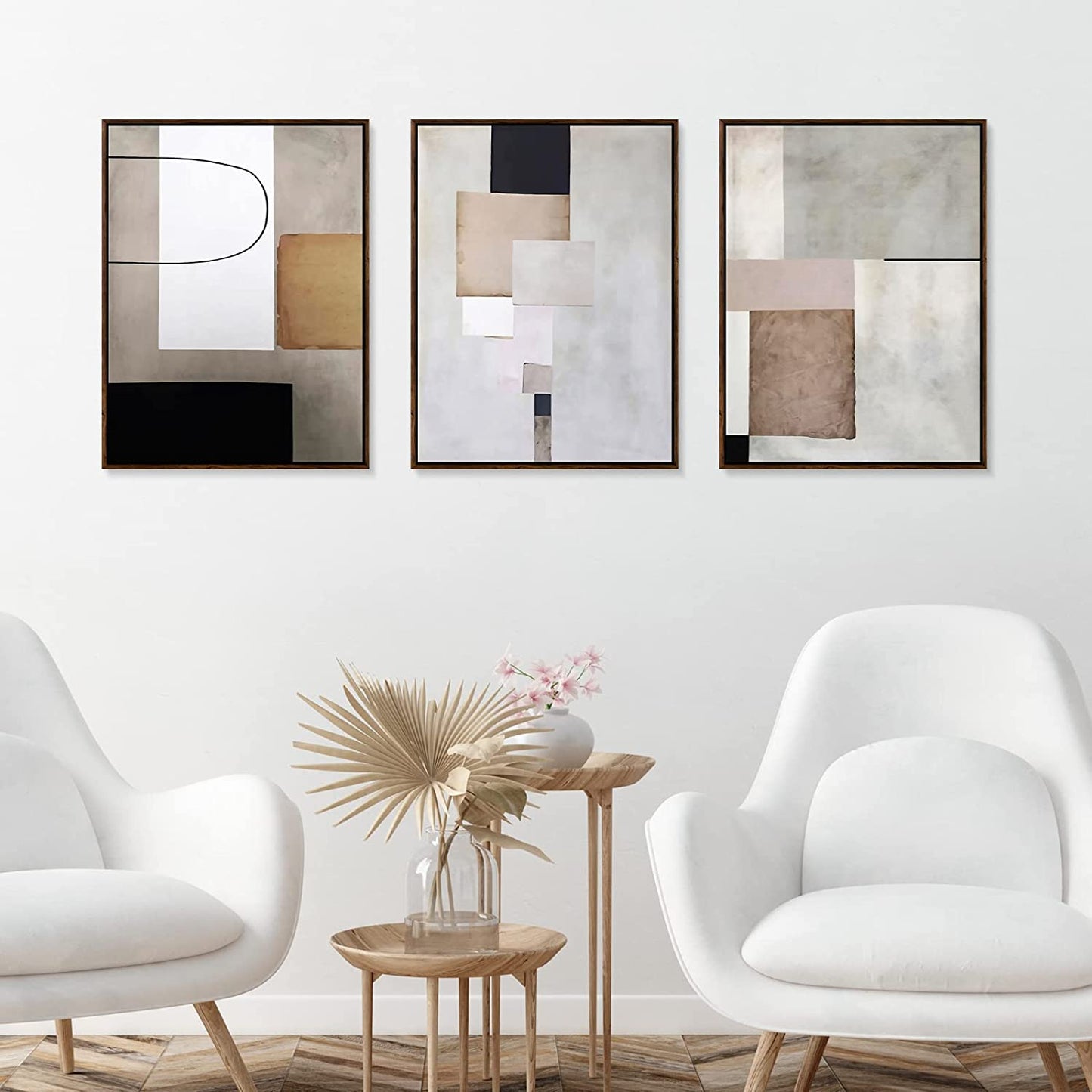 Canvas Wall Art, Set of 3 Framed Art Prints, Abstract Painting, Neutral Minimalist Print Set
