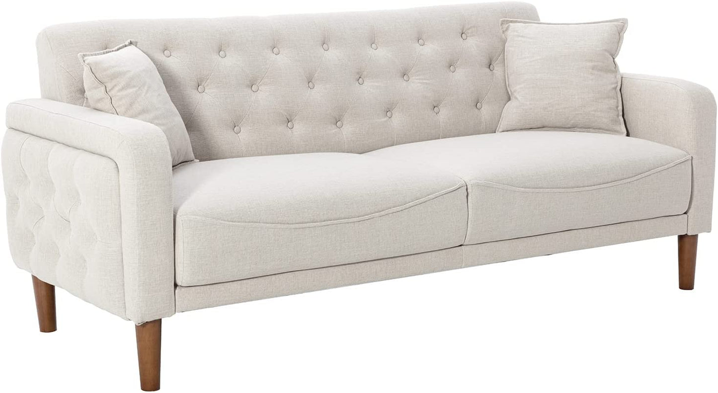 Mid Century Modern Couch Tufted Back Sofa with 2 Throw Pillows, Armrest and Wooden Legs