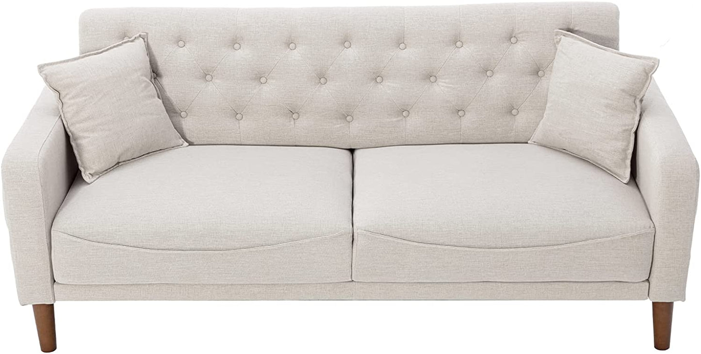Mid Century Modern Couch Tufted Back Sofa with 2 Throw Pillows, Armrest and Wooden Legs