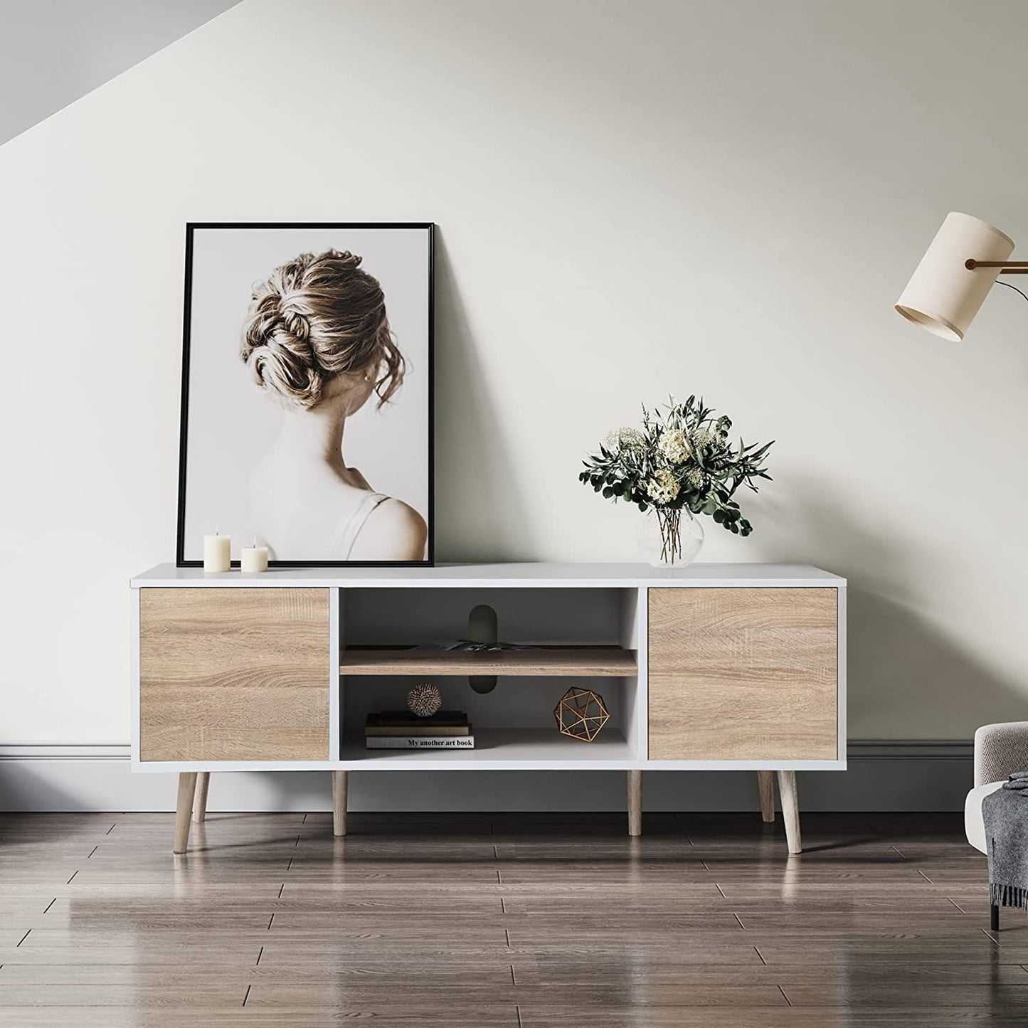 Mid-Century Modern TV Stand for TVs up to 60 inch Flat Screen Wood TV Console Media Cabinet with Storage, Home Entertainment Center in White and Oak for Living Room Bedroom and Office, 55 inch