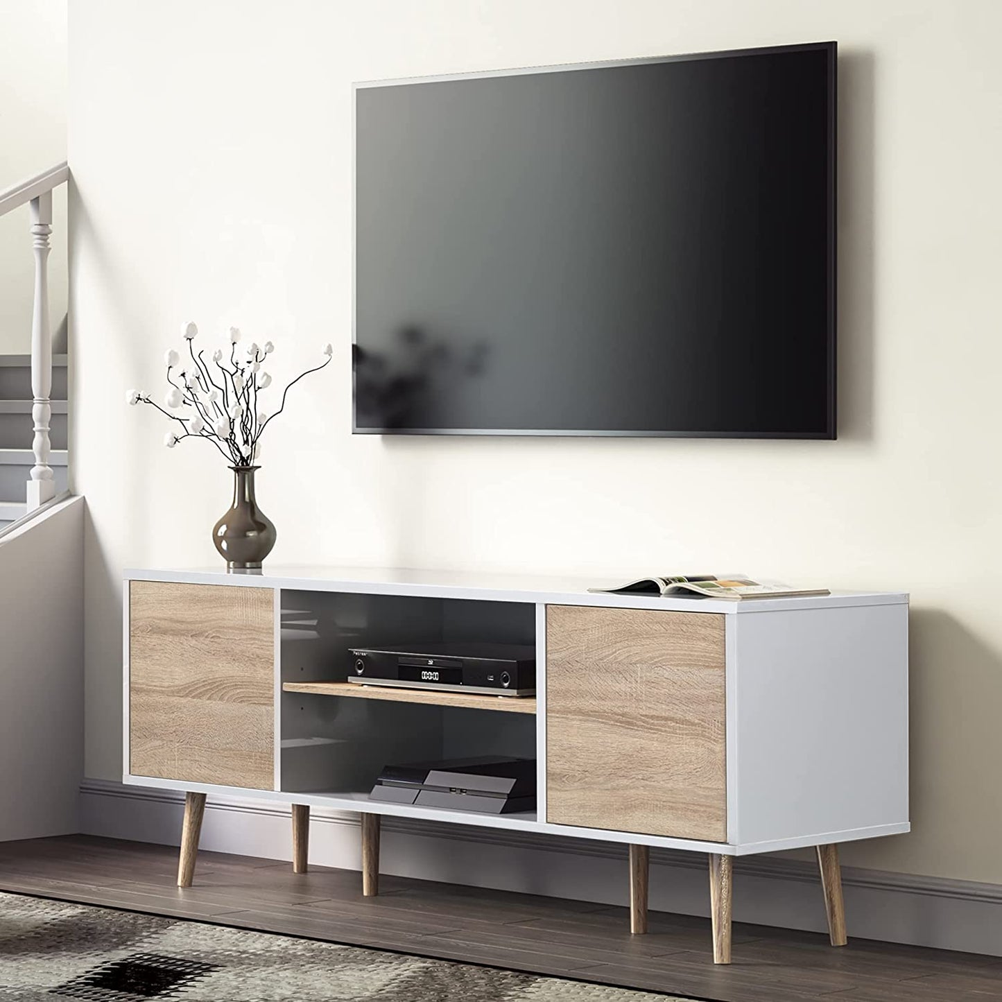 Mid-Century Modern TV Stand for TVs up to 60 inch Flat Screen Wood TV Console Media Cabinet with Storage, Home Entertainment Center in White and Oak for Living Room Bedroom and Office, 55 inch