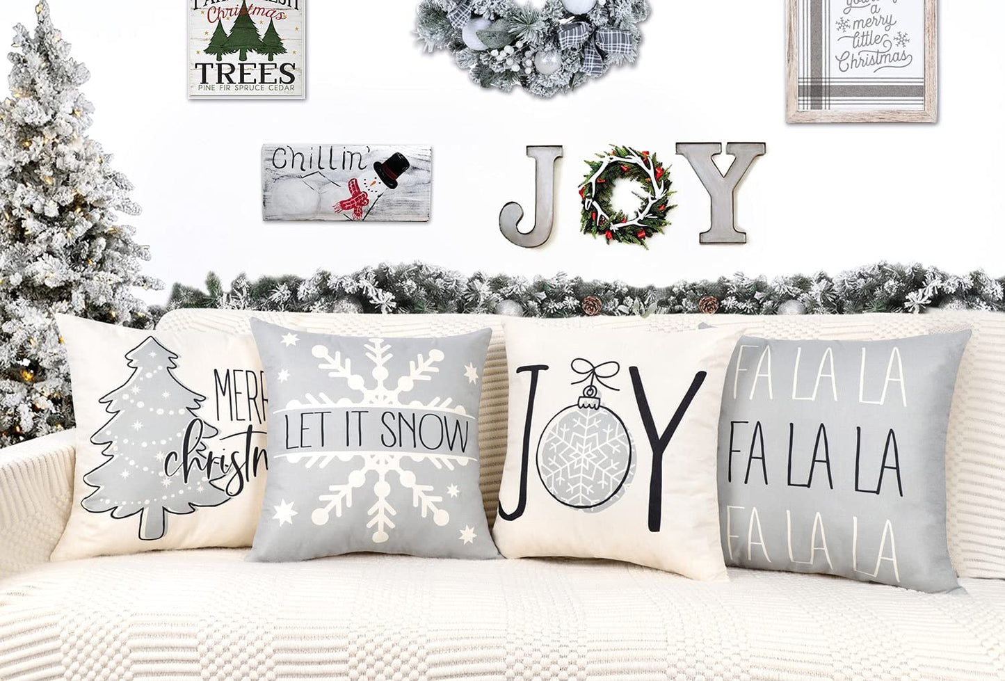 Gray Christmas Pillow Covers 18x18 Set of 4 Farmhouse Christmas Decorations