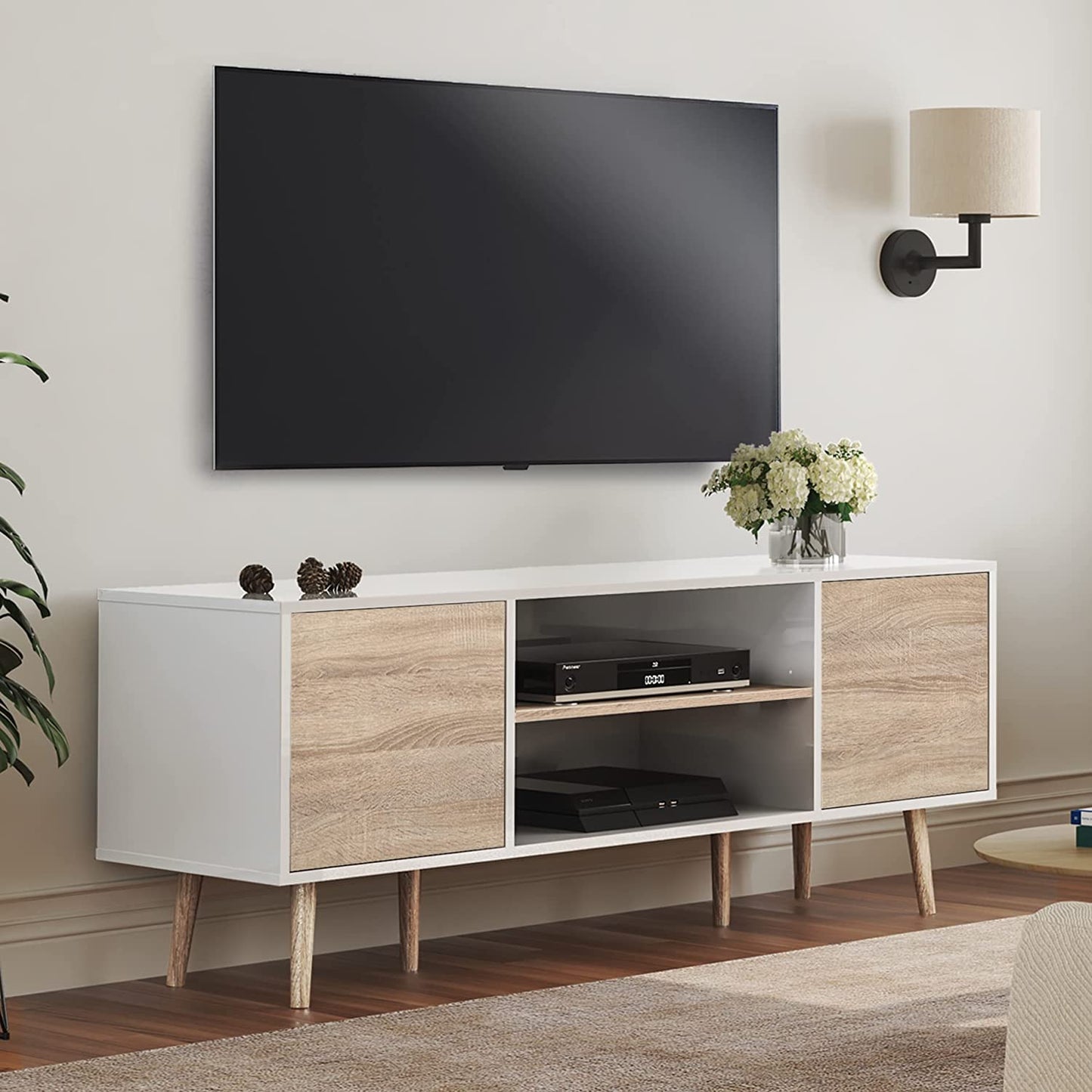 Mid-Century Modern TV Stand for TVs up to 60 inch Flat Screen Wood TV Console Media Cabinet with Storage, Home Entertainment Center in White and Oak for Living Room Bedroom and Office, 55 inch