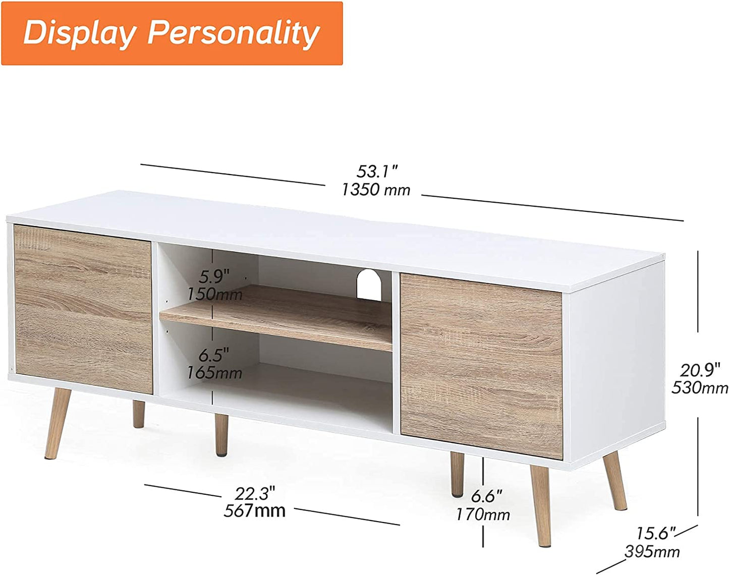 Mid-Century Modern TV Stand for TVs up to 60 inch Flat Screen Wood TV Console Media Cabinet with Storage, Home Entertainment Center in White and Oak for Living Room Bedroom and Office, 55 inch