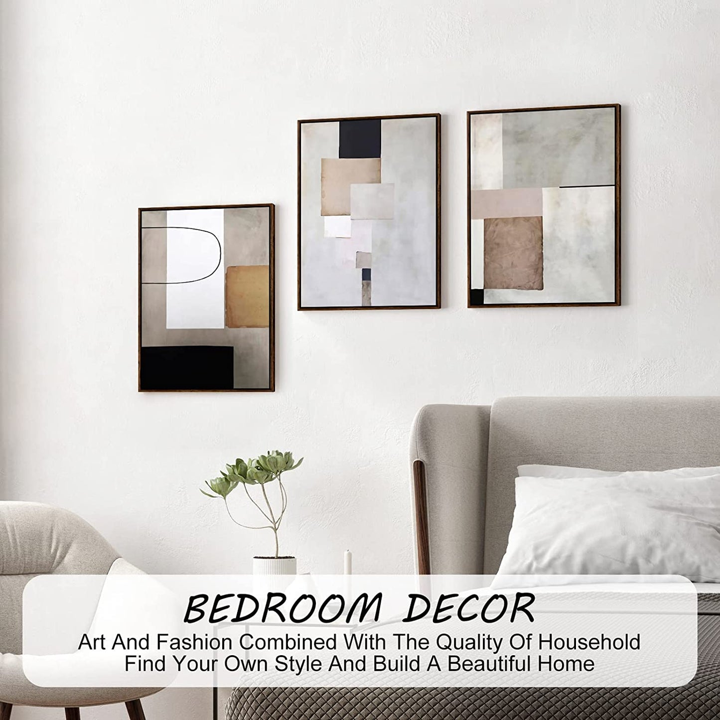 Canvas Wall Art, Set of 3 Framed Art Prints, Abstract Painting, Neutral Minimalist Print Set