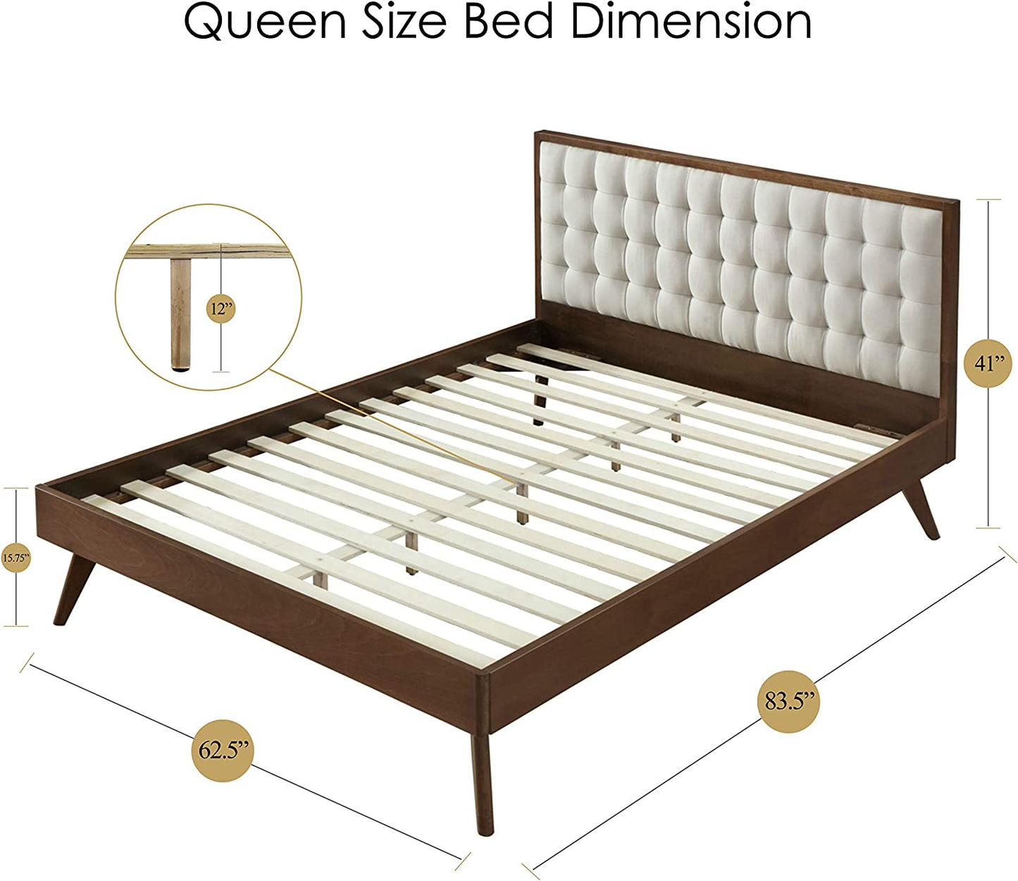 DG Casa Soloman Mid Century Modern Tufted Upholstered Platform Bed Frame, Queen Size in Beige Fabric