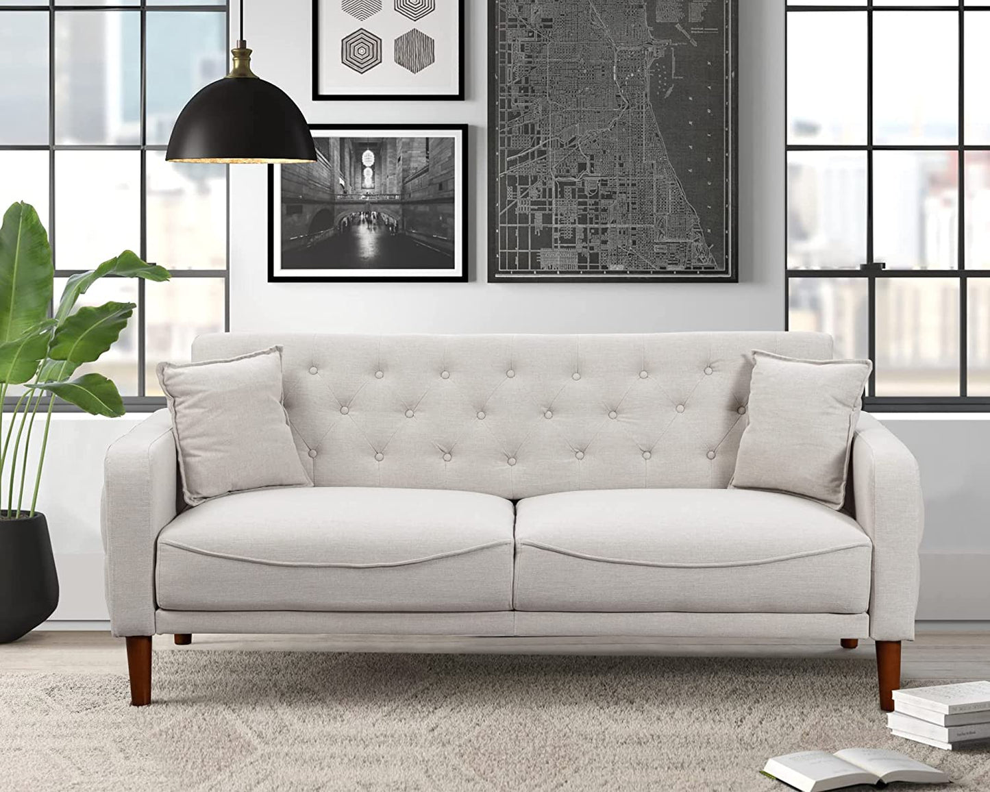 Mid Century Modern Couch Tufted Back Sofa with 2 Throw Pillows, Armrest and Wooden Legs