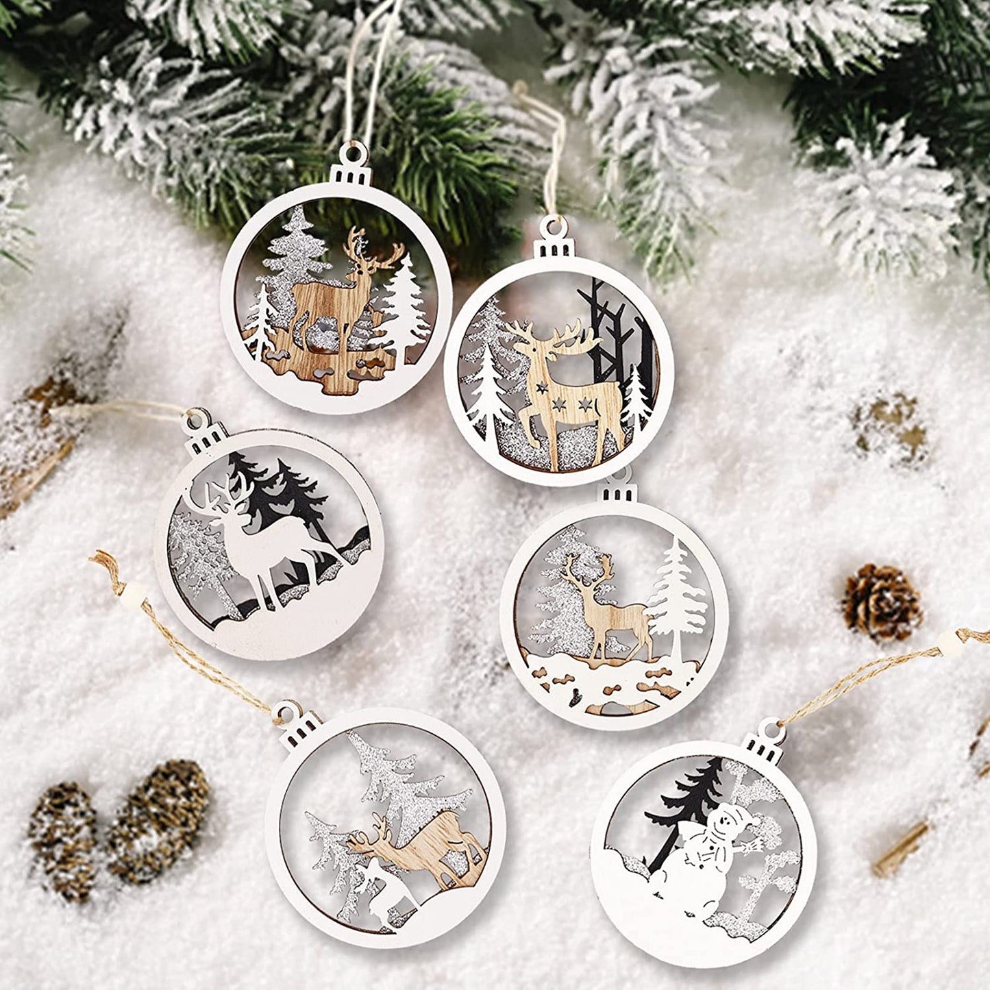 6 Pack Christmas Wooden Ornaments for Winter Christmas Holiday Tree Decorations