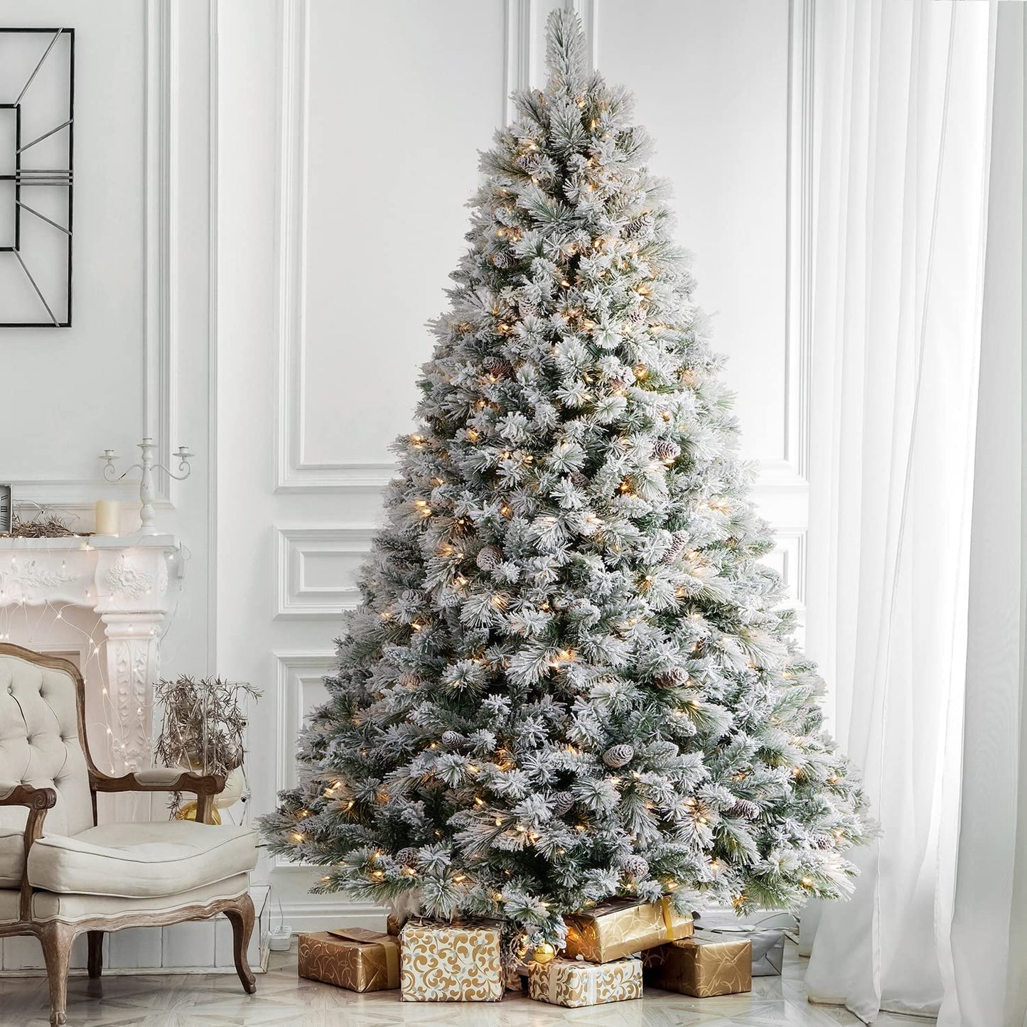 Pre-Lit Christmas Tree 6ft Snow Flocked, Artificial Spruce, 350 Clear Lights