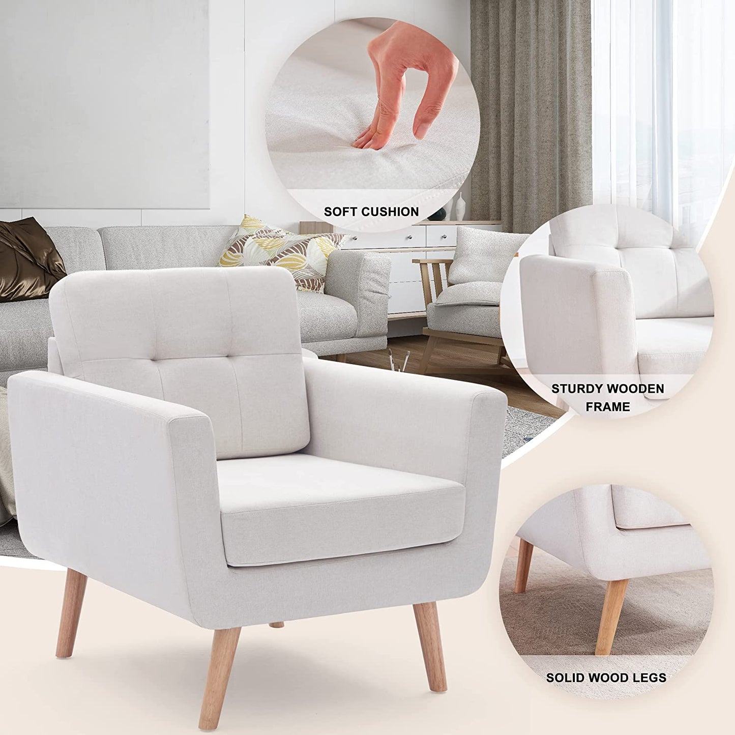 Mid Century Modern Armchair for Living Room, Bedroom Button Tufted Upholstered Comfy Reading Accent Chairs Sofa(