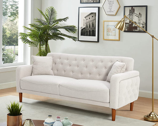Mid Century Modern Couch Tufted Back Sofa with 2 Throw Pillows, Armrest and Wooden Legs