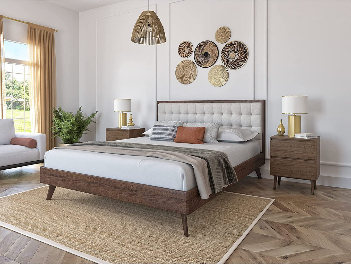 DG Casa Soloman Mid Century Modern Tufted Upholstered Platform Bed Frame, Queen Size in Beige Fabric