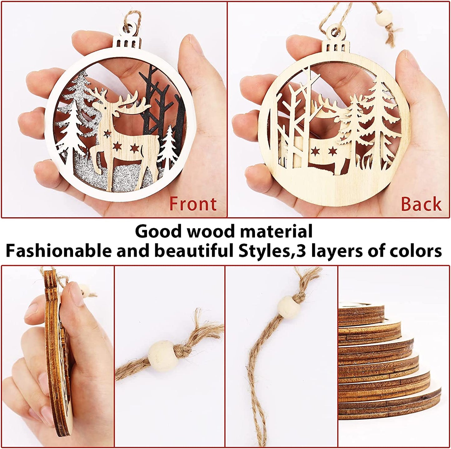 6 Pack Christmas Wooden Ornaments for Winter Christmas Holiday Tree Decorations