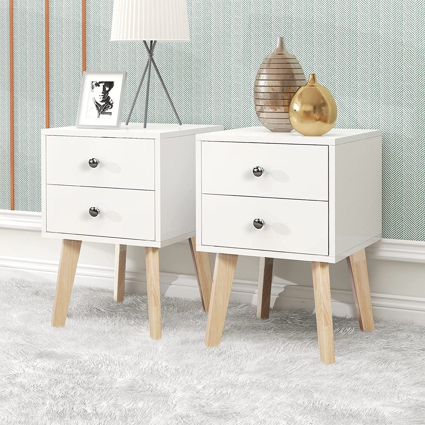 White Modern Beside Table with 2 Drawers Modern Nightstand