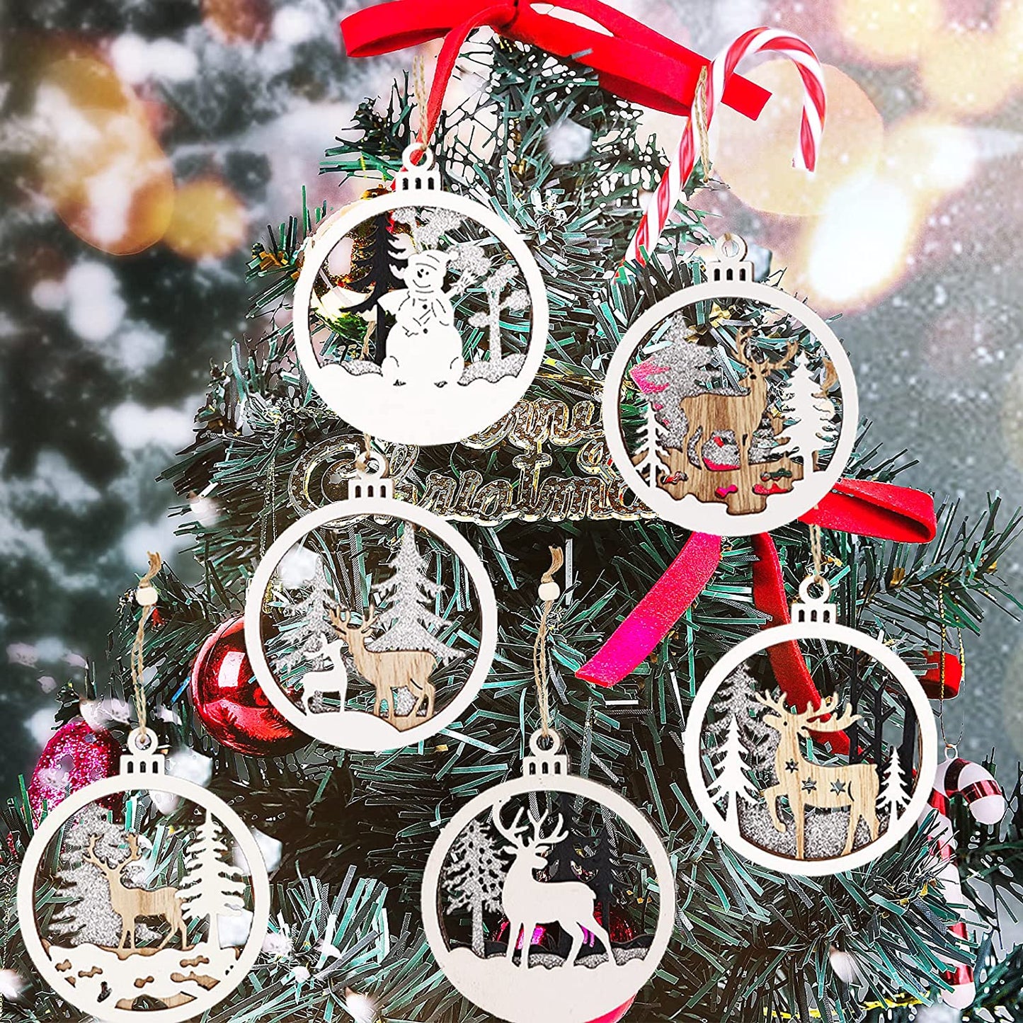 6 Pack Christmas Wooden Ornaments for Winter Christmas Holiday Tree Decorations
